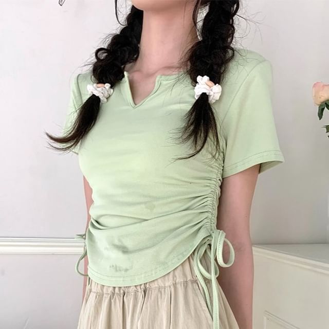 Hevnir-Short-Sleeve Notch Neck Plain Drawstring Waist Tee