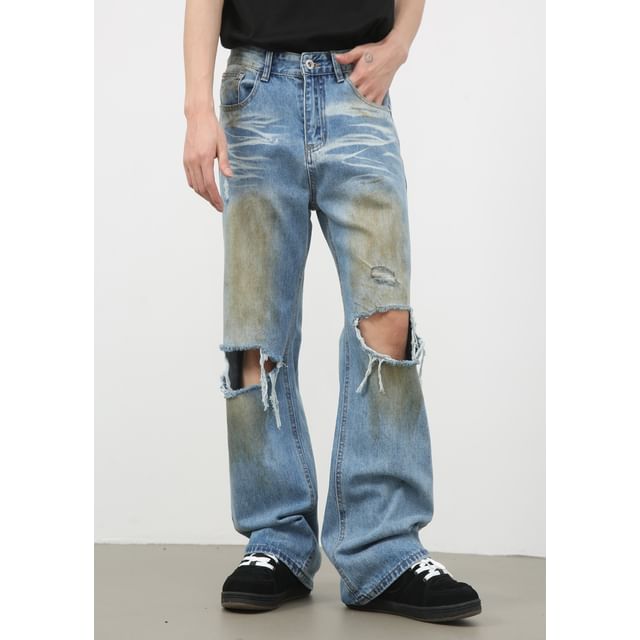 pinkdropper-Mid Rise Distressed Flared Jeans