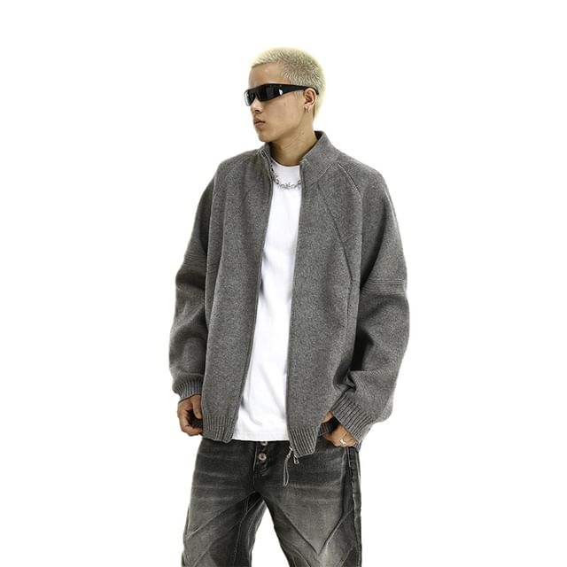 Meiksip-Stand Collar Plain Zip-Up Cardigan