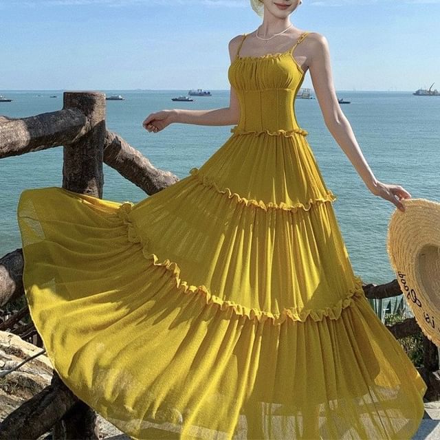 Fioridi-Spaghetti Strap Plain Frill Trim Ruched Open Back Maxi A-Line Dress