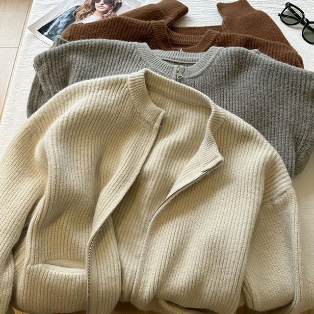 DIYI-Crew Neck Plain Ribbed Zip Cardigan