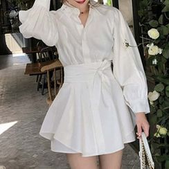 Apotheosis - Gather Waist Long Sleeve Mini A-Line Shirtdress Apotheosis - Gather Waist Long Sleeve Mini A-Line Shirtdress
