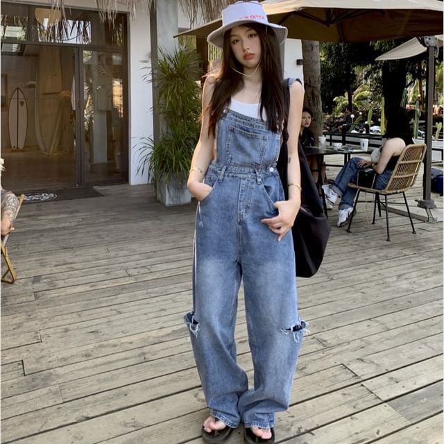 Auboi - Washed Distressed Wide Leg Denim Overalls