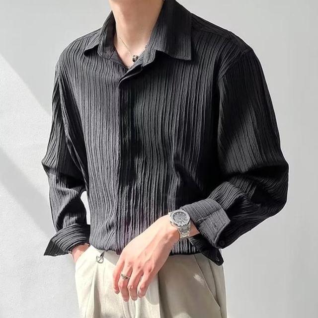 Lingaris-Long-Sleeve Pleated Plain Shirt