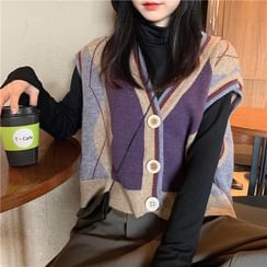 Whoosh - Argyle Cropped Buttoned Knit Vest / Turtleneck Long-Sleeve Top Whoosh - Argyle Cropped Buttoned Knit Vest / Turtleneck Long-Sleeve Top