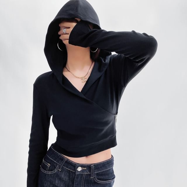 Ulark-Long Sleeve Hooded V-Neck Plain Zip Cropped Top