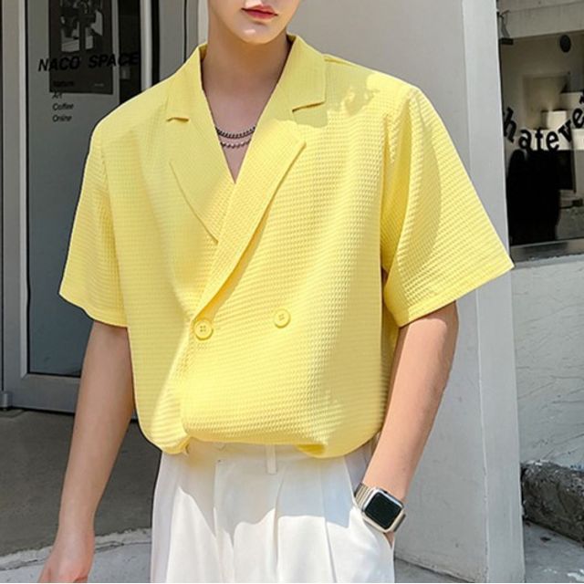 Adothuiastic-Short-Sleeve Notch Lapel Plain Double-Breasted Shirt