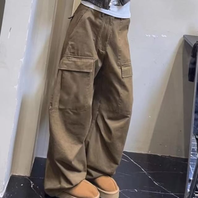 emeisa-High Waist Plain Wide Leg Cargo Pants