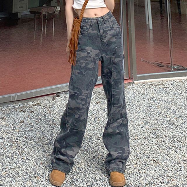Wide Leg Jeans Army Print Jeans Camo Print Cargo Pocket Detail