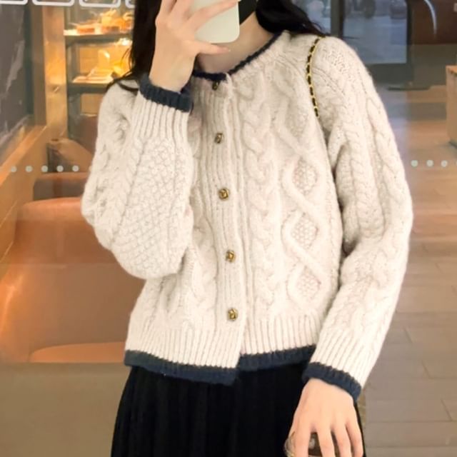 ISSOL-Round Neck Contrast Trim Cable Knit Cardigan