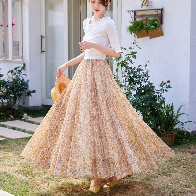 Lewwe High Waist Floral A-Line Mesh Midi Skirt YesStyle