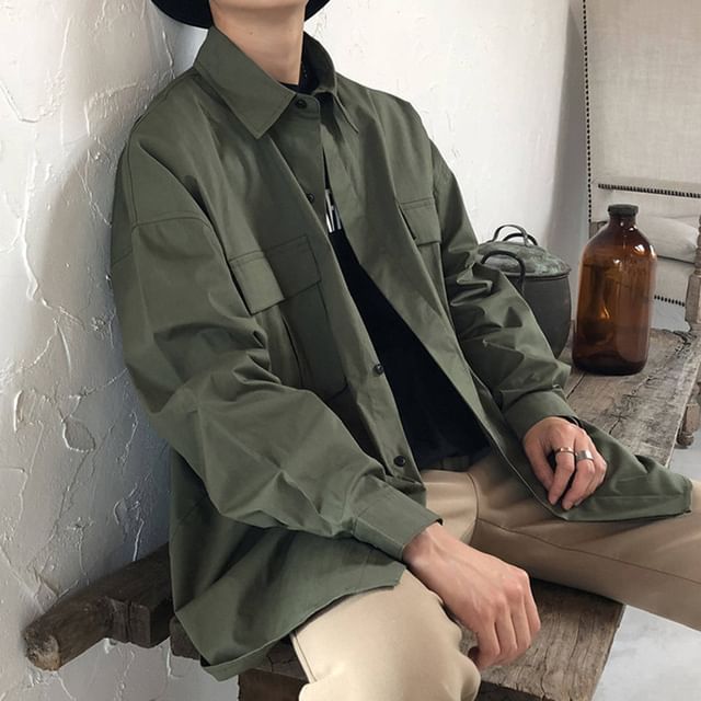 GRAYCIOUS-Long-Sleeve Pocketed Plain Shirt
