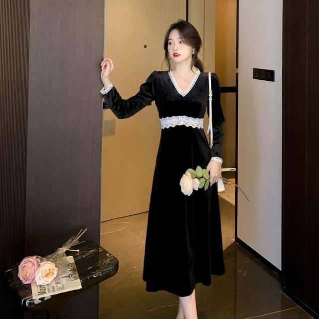 chinese dress ladies 1940s V-Neck Solid A-line Velvet Dress main image 1