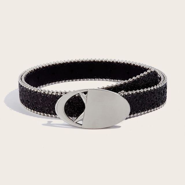 Rofuka-Beaded Sequin Faux Leather Belt