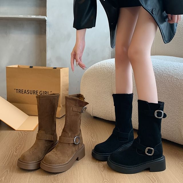 Nikao-Platform Plain Buckled Mid-Calf Boots