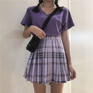 KIMIN - Short-Sleeve T-Shirt / Pleated Plaid Skirt | YesStyle