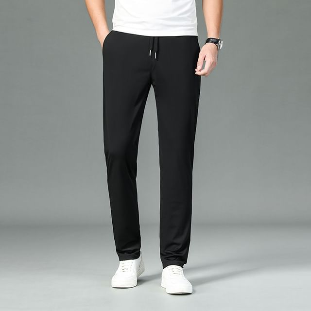 Denimic-Drawstring Waist Plain Tapered Pants