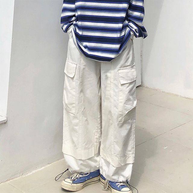Drawstring Hem Side Pocket Plain Cargo 