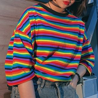 Magma - Elbow-Sleeve Rainbow Striped T-Shirt | YesStyle
