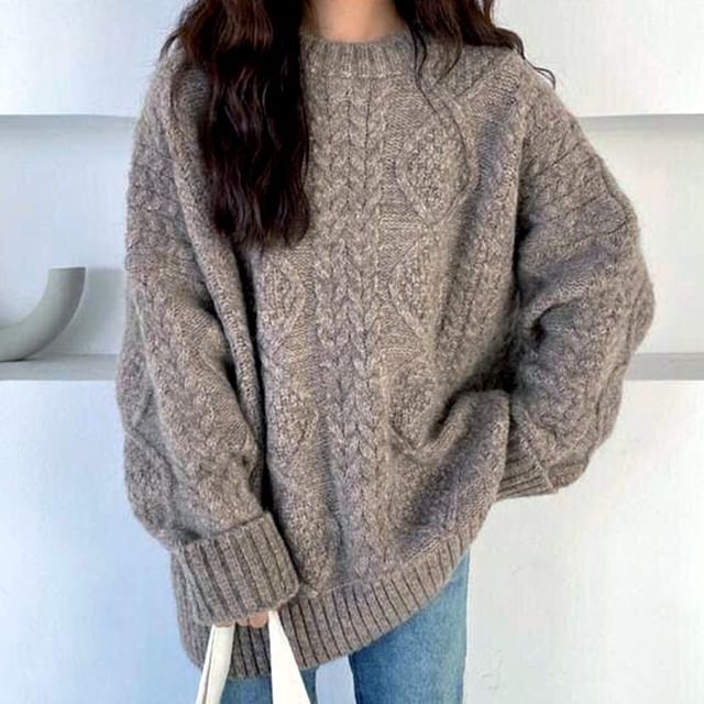 Cloud Nine-Long-Sleeve Crew Neck Plain Cable Knit Sweater