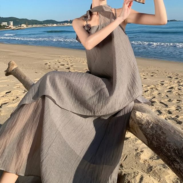 Yuxi - Set: Spaghetti Strap Plain Slit Midi A-Line Dress + Halter Asymmetrical  Tunic Top | YesStyle