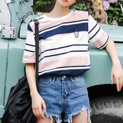 Wezal - Short-Sleeve Drink Embroidered Striped T-Shirt