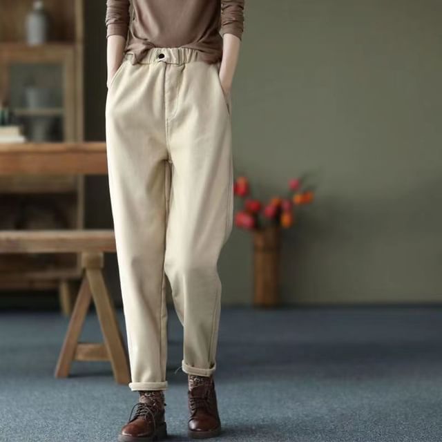 Everose-Elastic Waist Plain Tapered Pants
