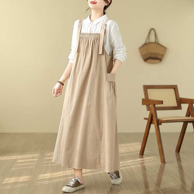 Lewwe-Sleeveless Plain Ruched Midi Pinafore Dress