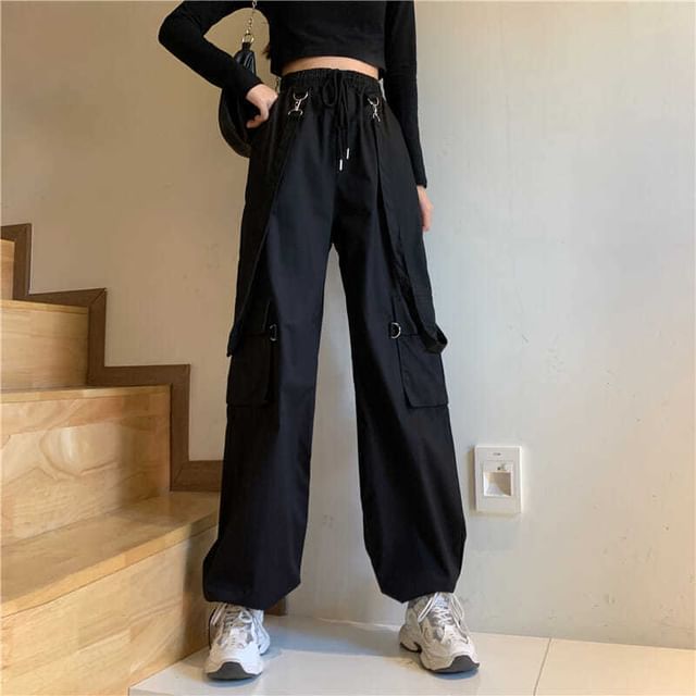 Sisyphi-Drawstring Waist Plain Wide Leg Suspender Cargo Pants