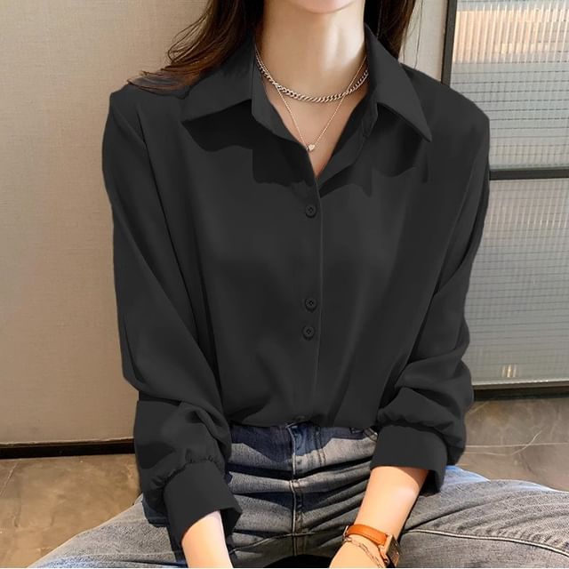 ISSOL-Long-Sleeve Chiffon Plain Shirt