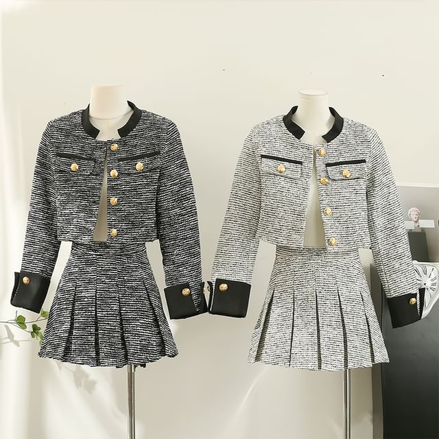 Lemongrass-Set Tweed Jacket Pleated A-Line Skirt