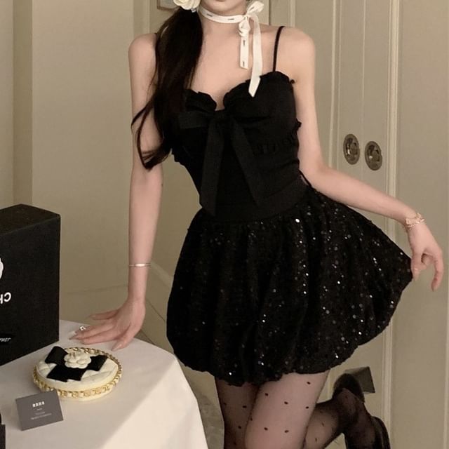 Moon City-Spaghetti Strap Plain Bow Sequin Mini A-Line Dress
