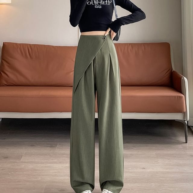 Isaaca-High Rise Plain Asymmetrical Inverted Pleated Wide Leg Pants