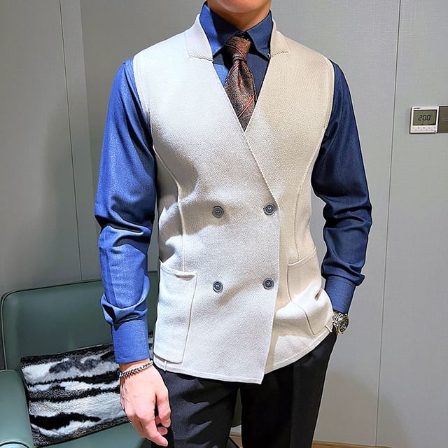 Naideth V-Neck Plain Double-Breasted Knit Sweater Vest YesStyle