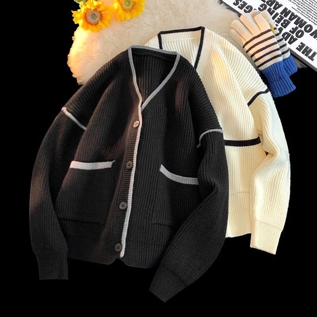 FORSETI-V-Neck Contrast Trim Button-Up Cardigan