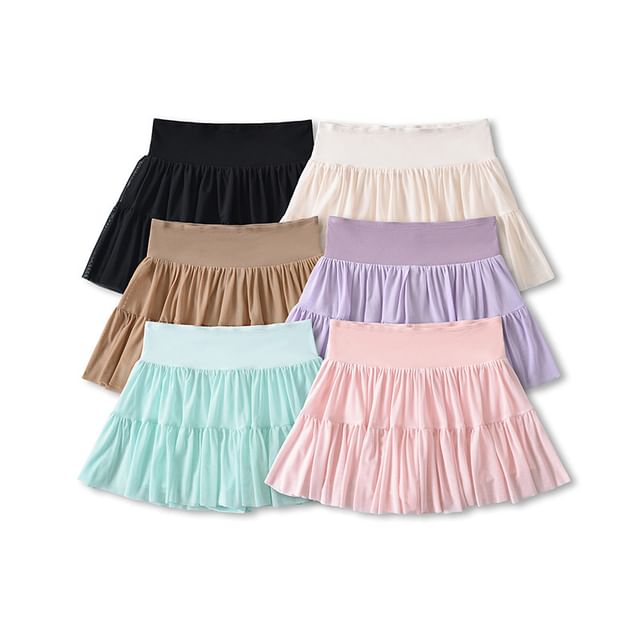 Asiris-High Waist Plain Shirred Mini A-Line Mesh Skirt