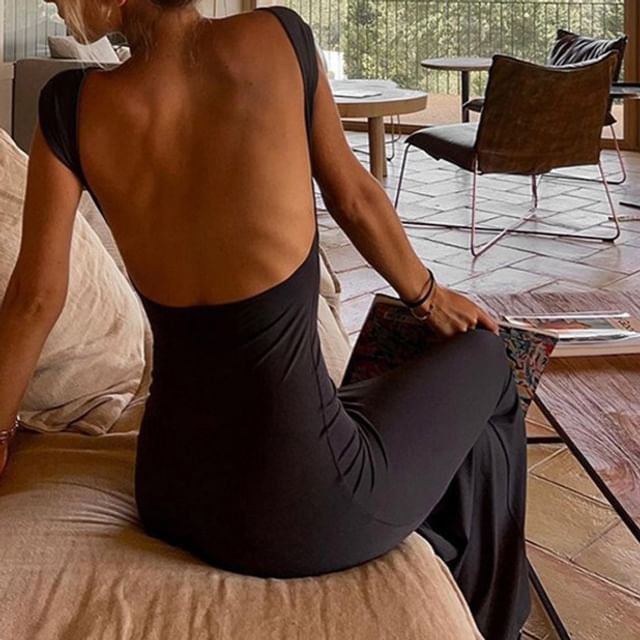 Genrovia - Cap-Sleeve Boat Neck Plain Open Back Maxi Bodycon Dress |  YesStyle