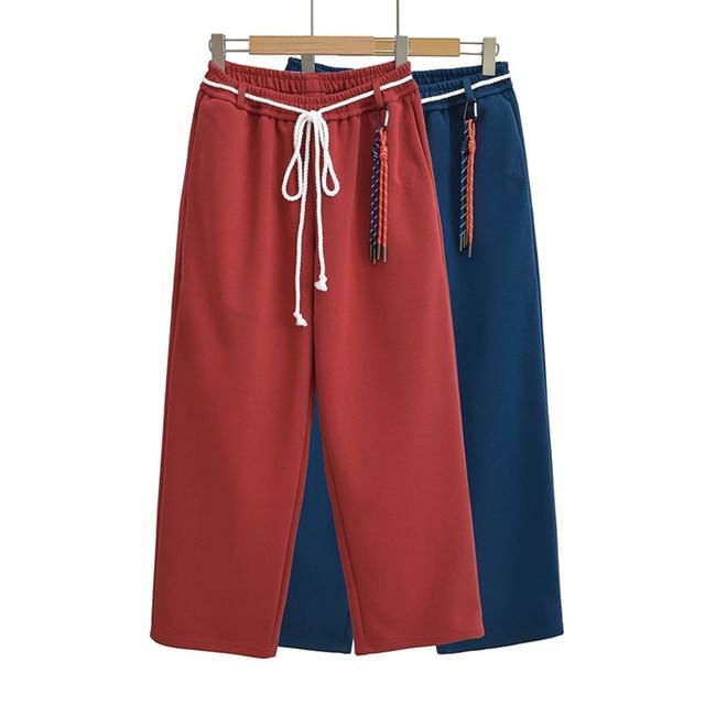 Ulark-Drawstring Waist Plain Straight Leg Pants
