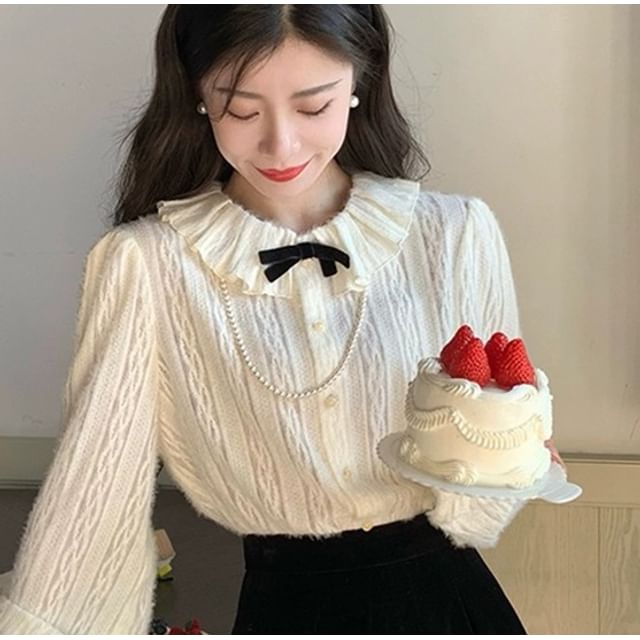 Essere-Puff-Sleeve Ruffle Collar Button-Up Lace Blouse