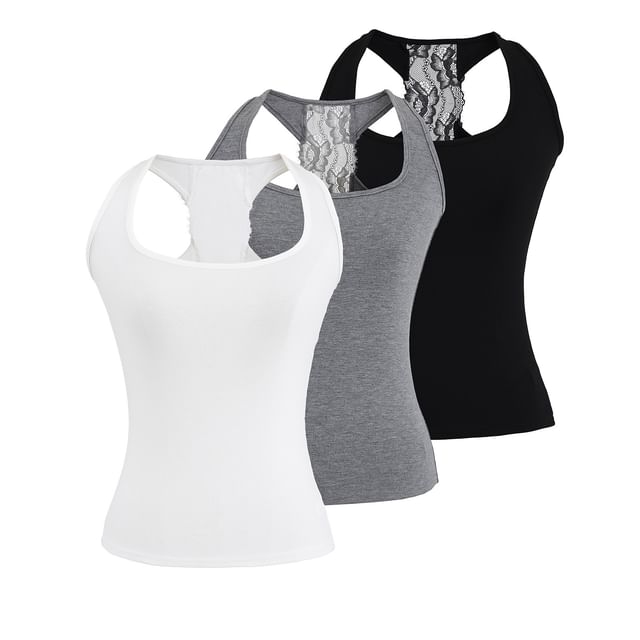 Asiris-Lace Panel Plain Ribbed Racerback Tank Top