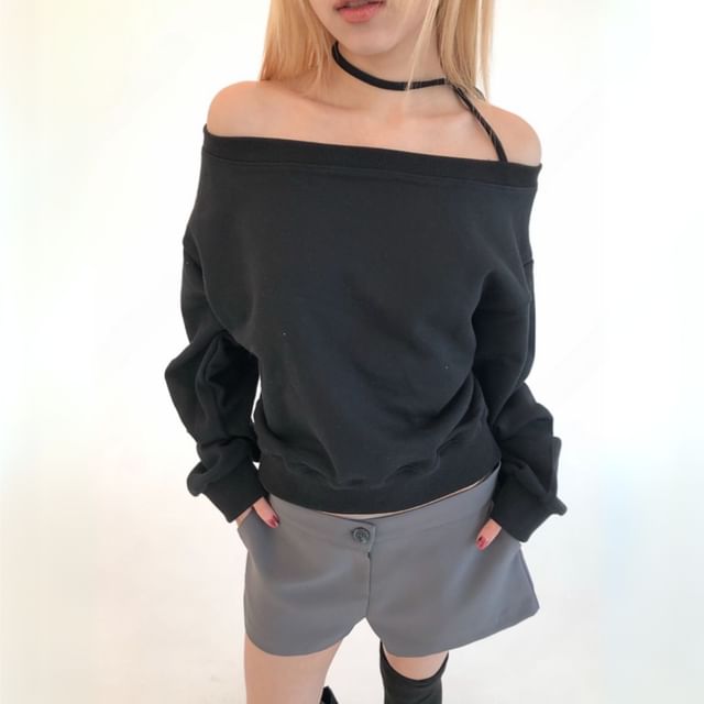 SeoulPop-Long Sleeve Plain Off-Shoulder Halter Pullover