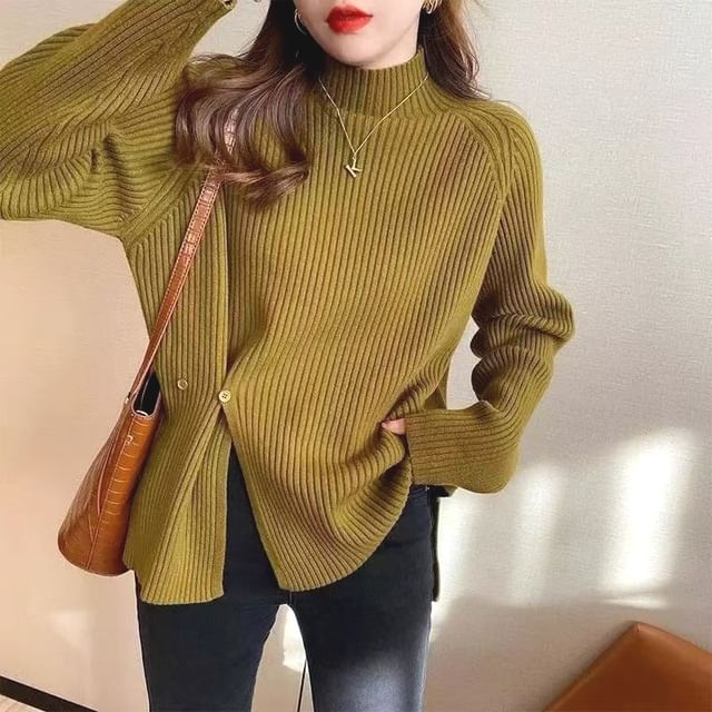 MIKIGA-Turtleneck Plain Ribbed Knit Slit Sweater