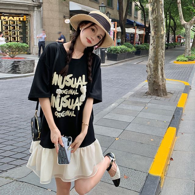 Tzarkozy-Short-Sleeve Round Neck Lettering Print Ruffle Panel Mini A-Line Dress