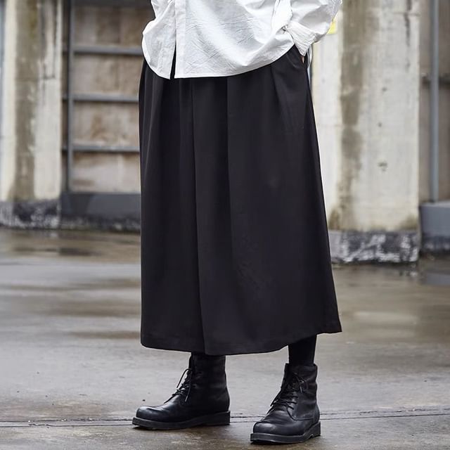JUN-LEE-Elastic Waist Plain Cropped Wide Leg Pants