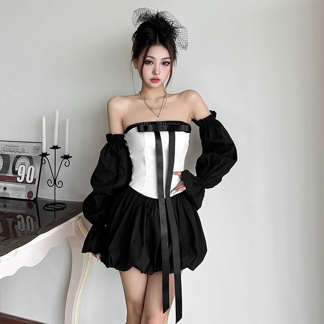 Bababy - Set: Two Tone Bow Mini A-Line Tube Dress + Arm Sleeves | YesStyle
