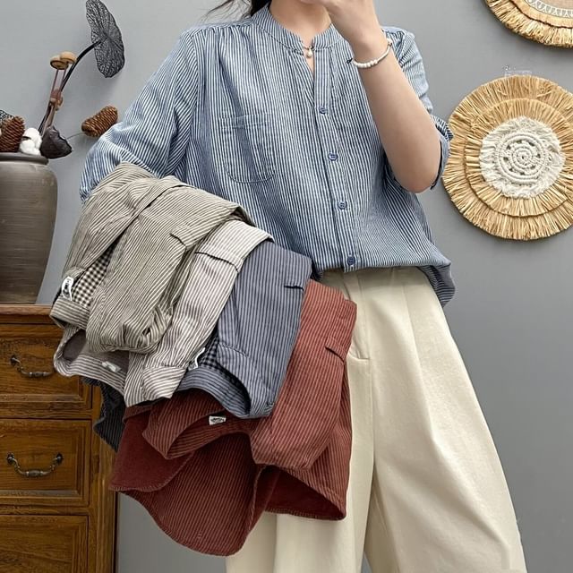PANDAGO-34-Sleeve Stand Collar Striped Button-Up Blouse