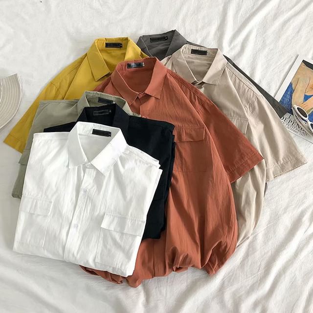 GRAYCIOUS-Elbow-Sleeve Plain Button-Up Cargo Shirt
