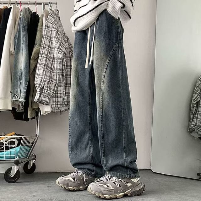 GRAYCIOUS-Drawstring Waist Washed Wide Leg Jeans