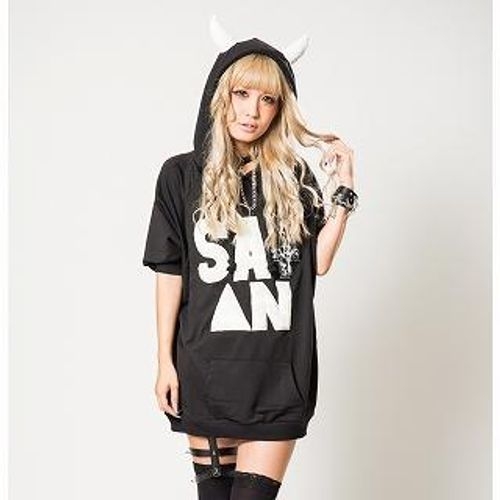 Short-Sleeve Devil-Accent Hooded Top