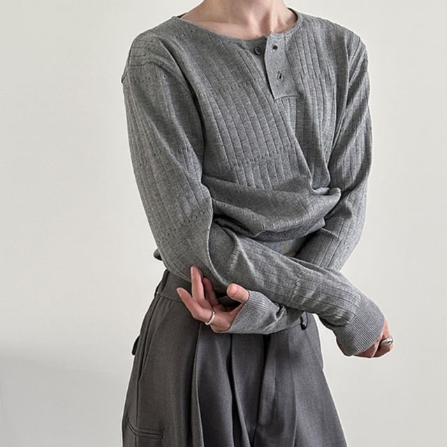 Nahagin-Long Sleeve Henley Plain Ribbed Knit Top